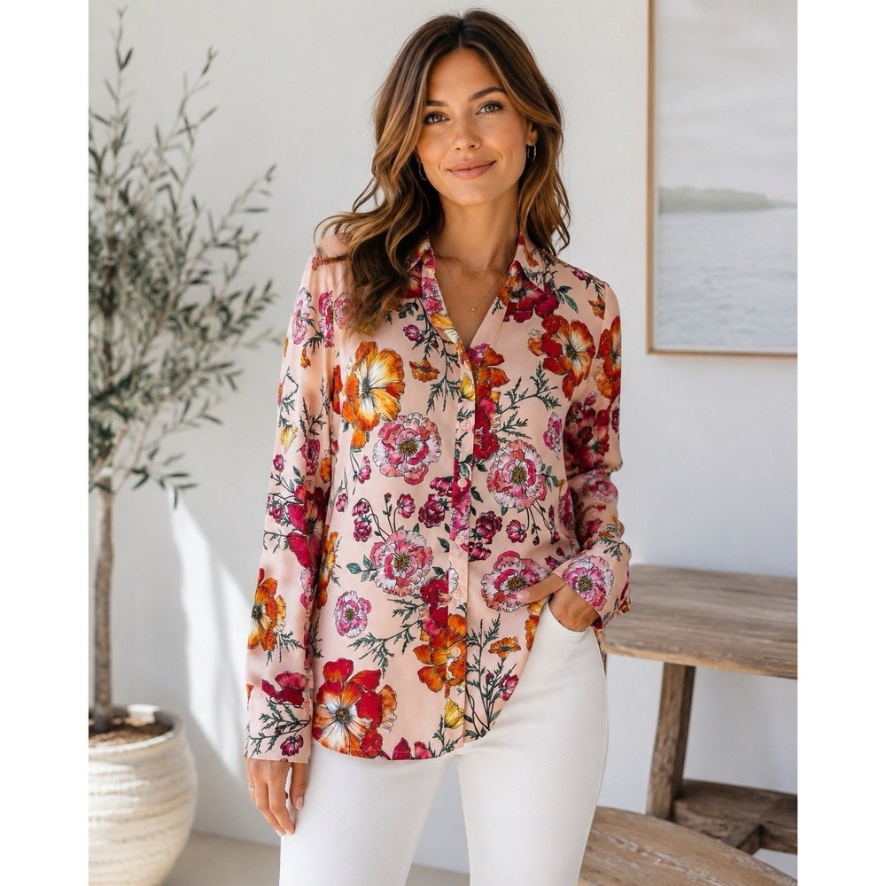 Express Portofino Floral Button Front (M) Blouse-Office-Boho-Cottagecore-Travel-